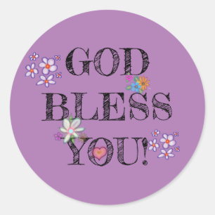 ‘God Bless You’ Christian Floral Purple  Classic Round Sticker