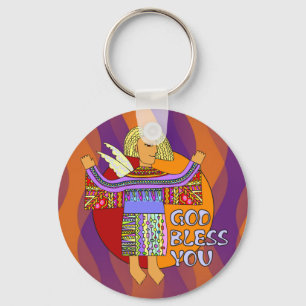God Bless You orange violet waves Keychain