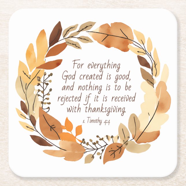 God Created Good | Thanksgiving Wreath | Neutrals Square Paper Coaster (Front)
