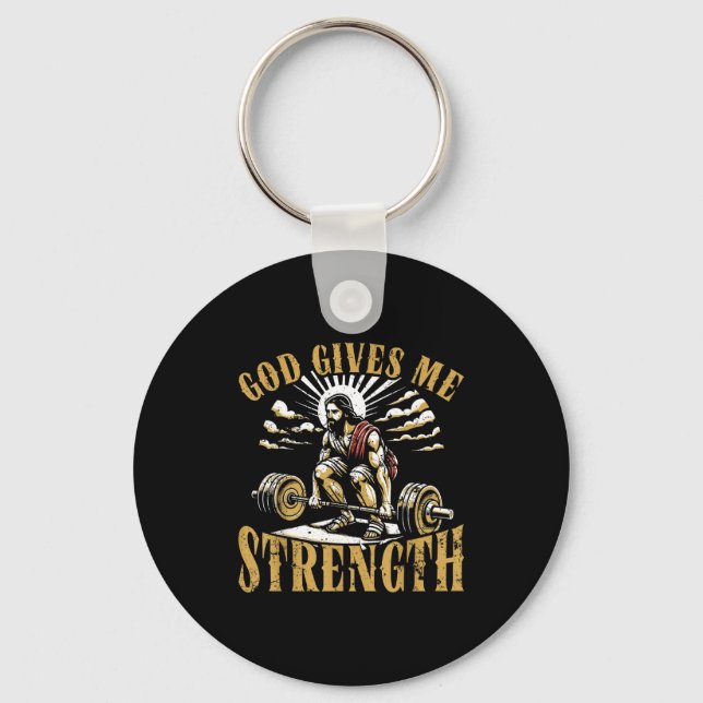 God Gives Me Strength Christian Gym Workout Motiva Keychain (Front)