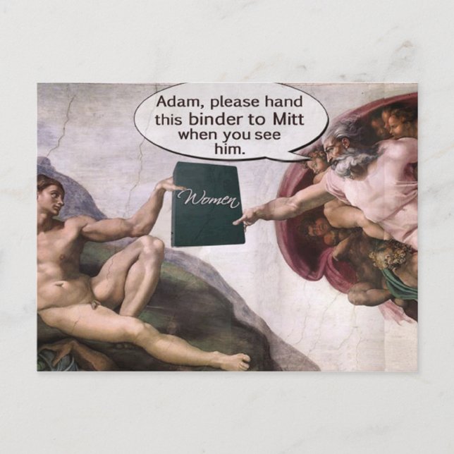 God giving Adam Romney's Binder Full of Women Postcard (Front)