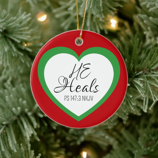 God Heals the Brokenhearted Red Christmas Ceramic Ornament (Tree)