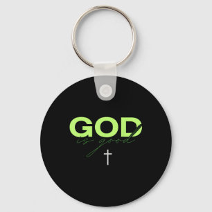 God Is Good Green And White Typographic Christian  Keychain
