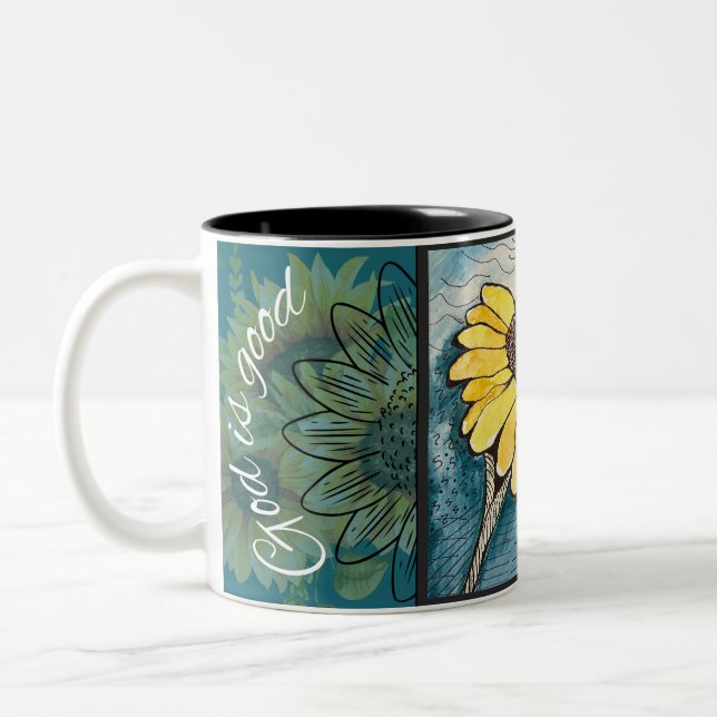 God is Good Sunflower and Sunshine Two-Tone Coffee Mug (Left)