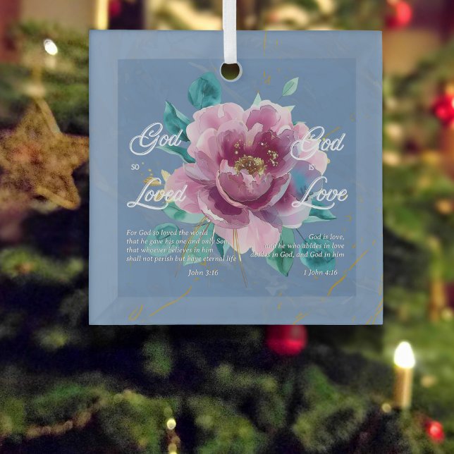 God is Love Bible Verse Blue Floral Christian Glass Ornament (Creator Uploaded)