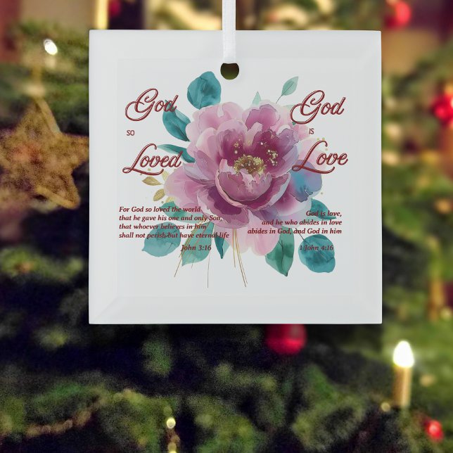 God is Love Bible Verse Floral Christian Glass Ornament (Creator Uploaded)