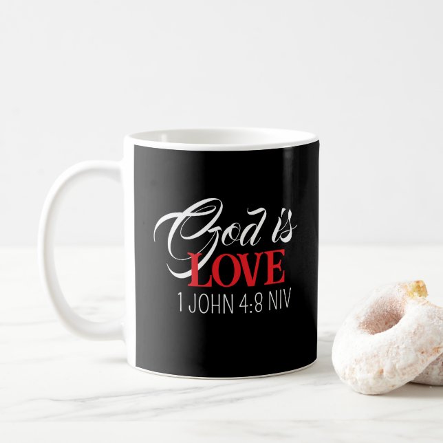 God is Love Black and Red Bible Verse God's Word Coffee Mug (With Donut)