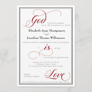 God is Love Graceful Red Script Wedding Invitation