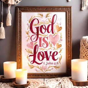 God is Love Pink and Gold Christian Wall Art