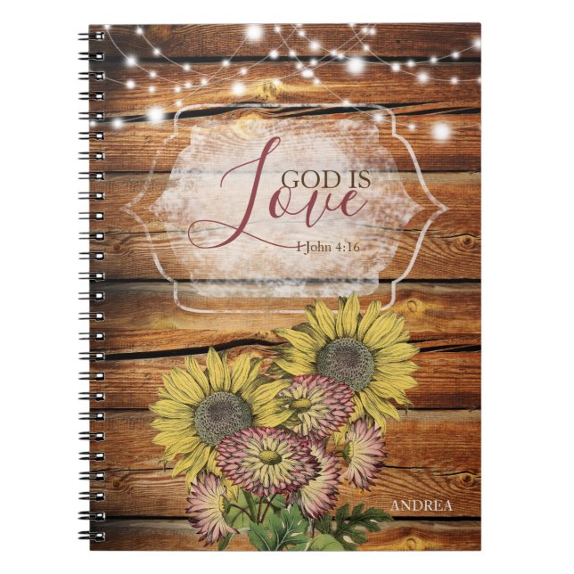 God is Love Rustic Sunflower Personalized Notebook (Front)