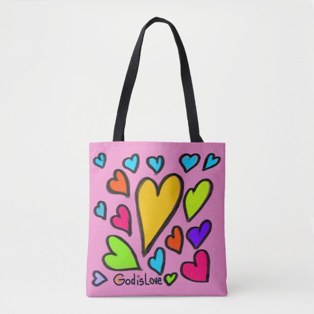 God is Love with Hearts Pink Tote Bag (Front)