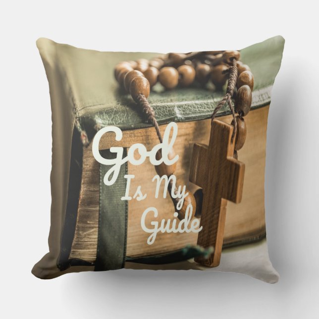 God Is My Guide Bible and Rosary Cross Throw Pillow (Front)