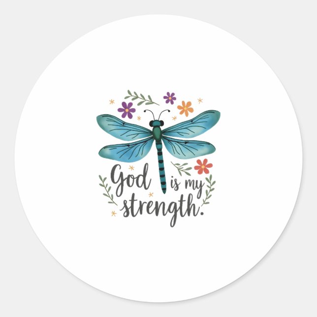 God is my strength Floral Dragonfly Christian T-Sh Classic Round Sticker (Front)
