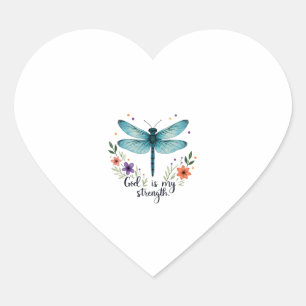 God is my strength Floral Dragonfly Christian T-Sh Heart Sticker