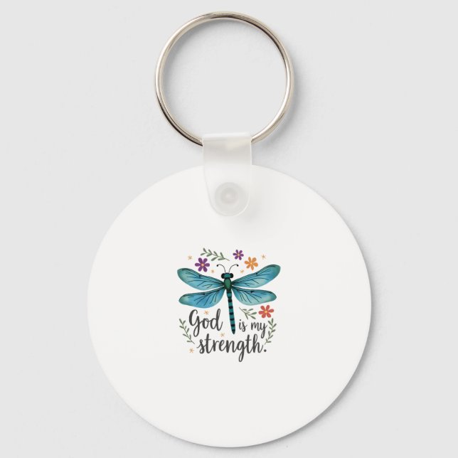 God is my strength Floral Dragonfly Christian T-Sh Keychain (Front)