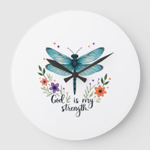 God is my strength Floral Dragonfly Christian T-Sh Large Clock