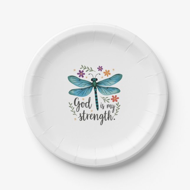 God is my strength Floral Dragonfly Christian T-Sh Paper Plate (Front)
