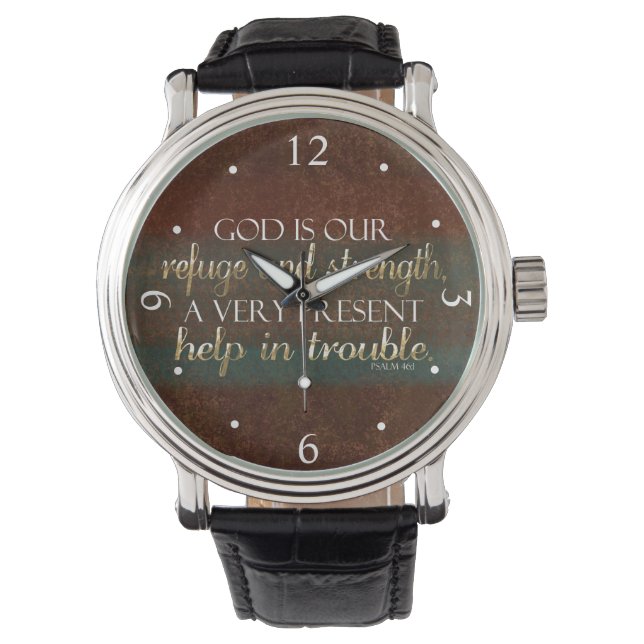 God is our Refuge Christian Bible Verse Brown/Gold Watch (Front)
