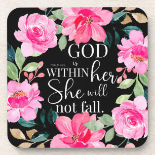 God is within her - Psalm 46:5 Pink Floral Coaster