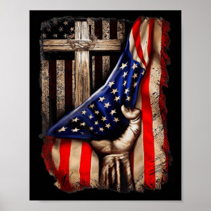 God Jesus Cross Behind American Flag Patriotic 4th Poster