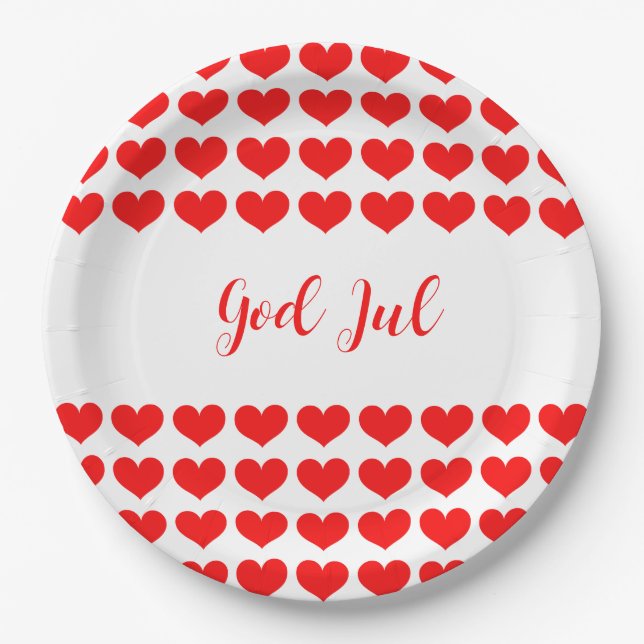 God Jul Christmas Party Nordic Red White Pattern Paper Plate (Front)