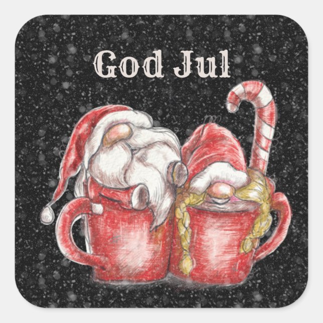 God Jul Gnome Couple In Cups  Square Sticker (Front)