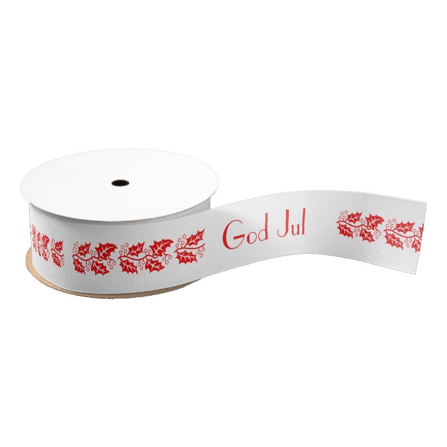 God Jul  hollies in red - Grosgrain Ribbon (Spool)