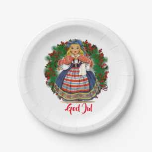 God Jul Merry Christmas Swedish Retro Doll Paper Plate