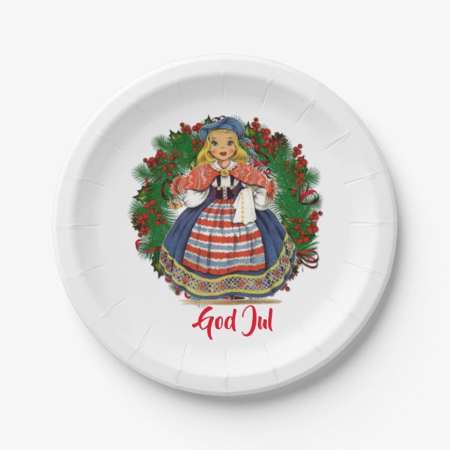 God Jul Merry Christmas Swedish Retro Doll Paper Plate (Front)