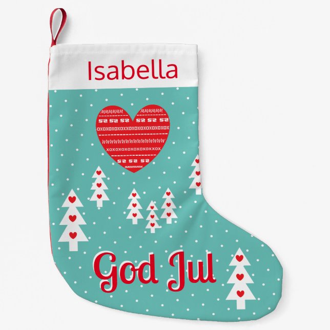 God Jul Nordic Pine Trees with Hearts in Snow Small Christmas Stocking (Front)