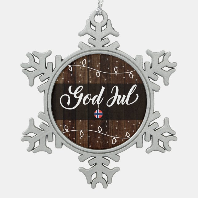 God Jul Norwegian Merry Christmas, Rustic Style Snowflake Pewter Christmas Ornament (Front)