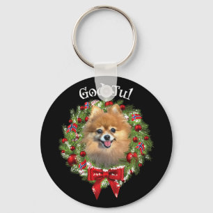 God Jul Norwegian Pomeranian Dog Christmas Wreath Keychain