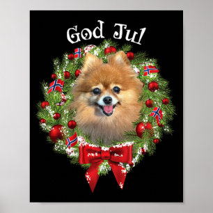 God Jul Norwegian Pomeranian Dog Christmas Wreath Poster
