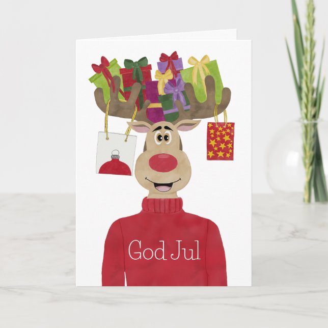 God Jul, Swedish Christmas Gifts Reindeer Holiday Card (Front)