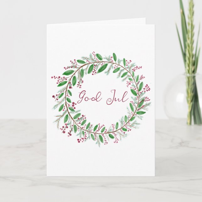 God Jul, Swedish Christmas Wreath Holiday Card (Front)