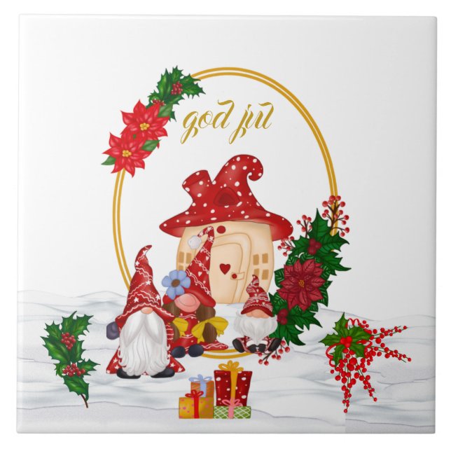 God Jul Swedish Gnomes Red Family Tile (Front)