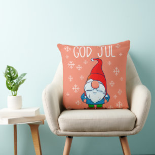 God Jul, Swedish Tomte Gnome, Scandinavian Merry Throw Pillow