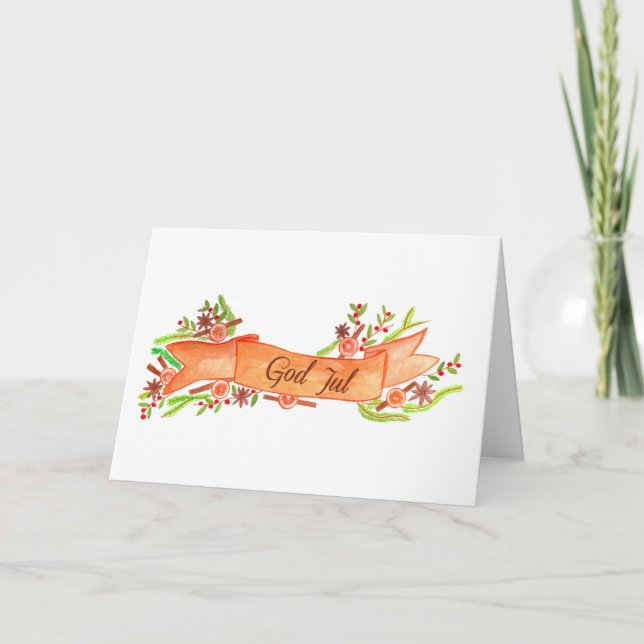 God Jul, watercolor Christmas banner Holiday Card (Front)