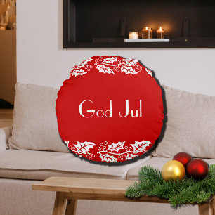 God Jul white hollies in red - Round Pillow
