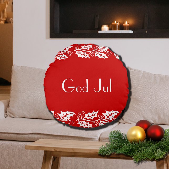God Jul white hollies in red - Round Pillow (Creator Uploaded)
