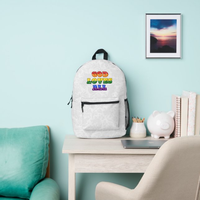 "God Loves All" Gay/LGBTQIA+/Queer Christian Pride Printed Backpack (Insitu)
