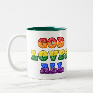 "God Loves All" Gay/LGBTQIA+/Queer Christian Pride Two-Tone Coffee Mug