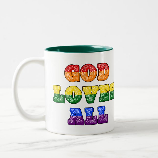"God Loves All" Gay/LGBTQIA+/Queer Christian Pride Two-Tone Coffee Mug (Left)