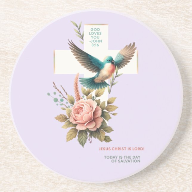 God Loves You Cross and Bird  Design Coaster (Front)