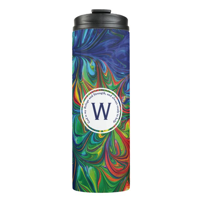 GOD REFUGE STRENGTH Abstract Monogram Custom BLUE Thermal Tumbler (Front)