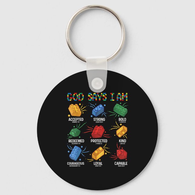 God Says I Am Building Brick Master Builder Block  Keychain (Front)