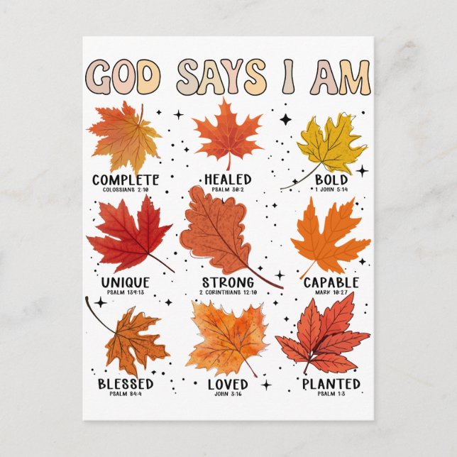 God says I am fall autumn harvest falling leaf Hal Postcard (Front)