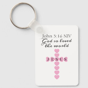 God So Loved the World Pink Heart Cross Keychain