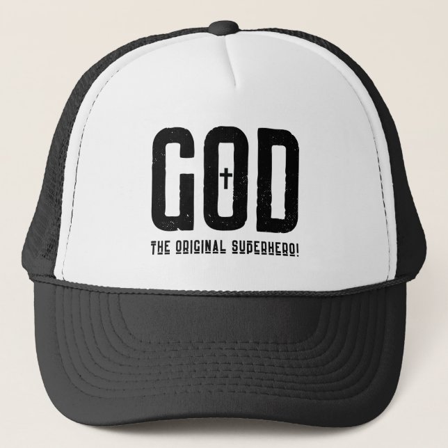 God The Original Superhero Biblical Cross Trucker Hat (Front)