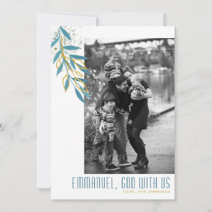 God With Us Teal & Gold Leaves Religious Photo Holiday Card